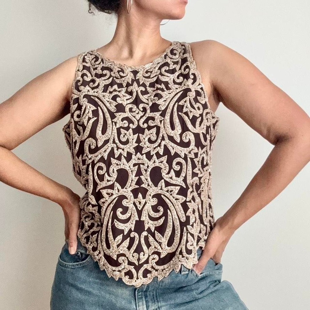 Vintage 80s 90s chocolate brown beaded tank XL filigree brocade showgirl